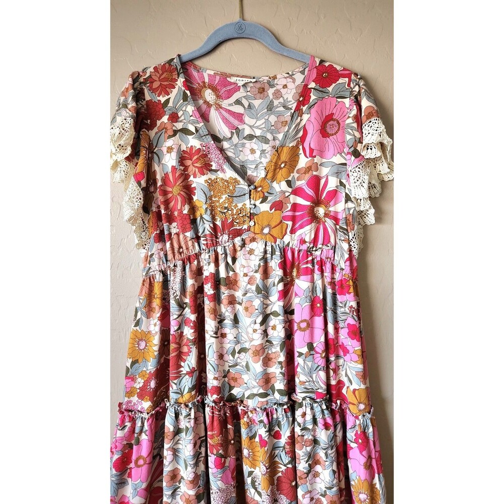 Jodifl Multicolored Floral Maxi Dress  Sz L Tiered Skirt Buttons Lightweight - Picture 2 of 12